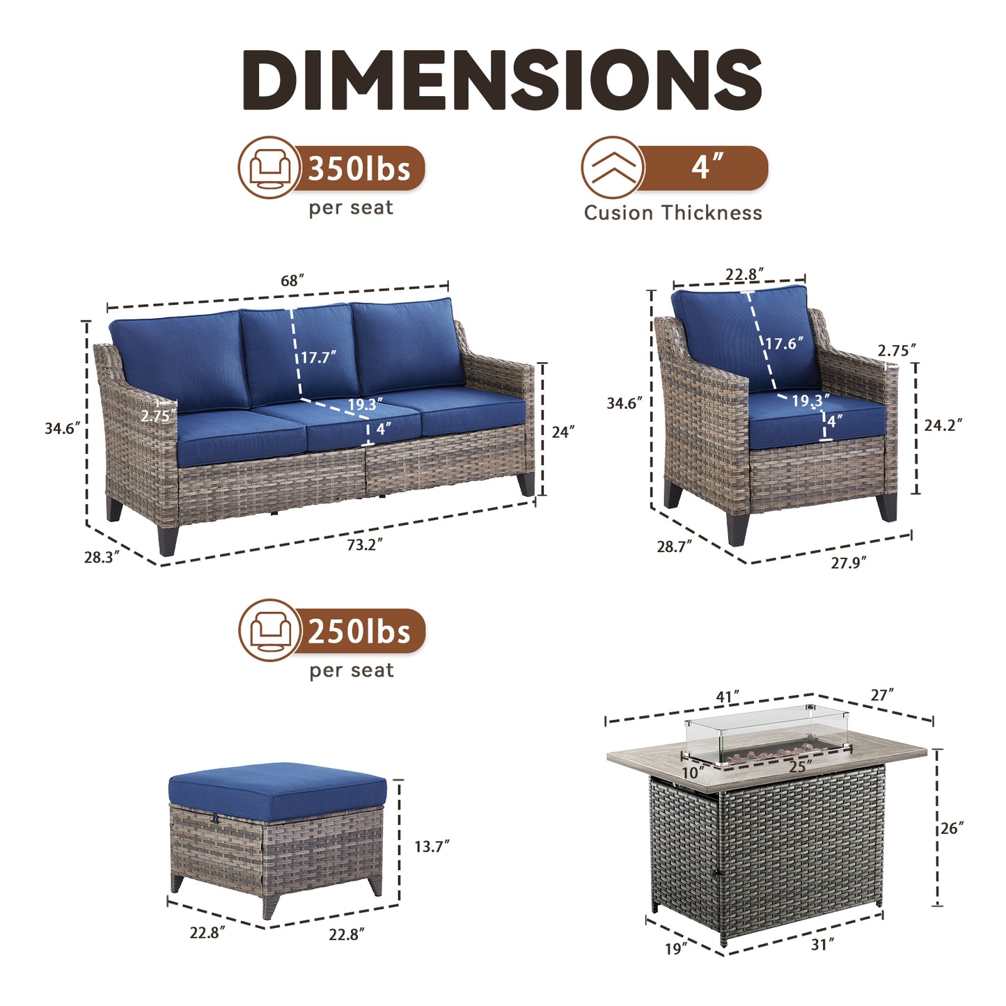 6-Piece Fire Pit Gathering Set: Sofa, 2 Chairs, Ottoman & Long Grey Rattan Hearth, FG Series