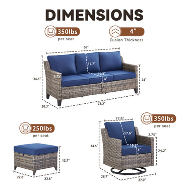 Belord 6-piece outdoor patio conversation set with high-back sectional sofa, wicker swivel rockers, and matching chairs.