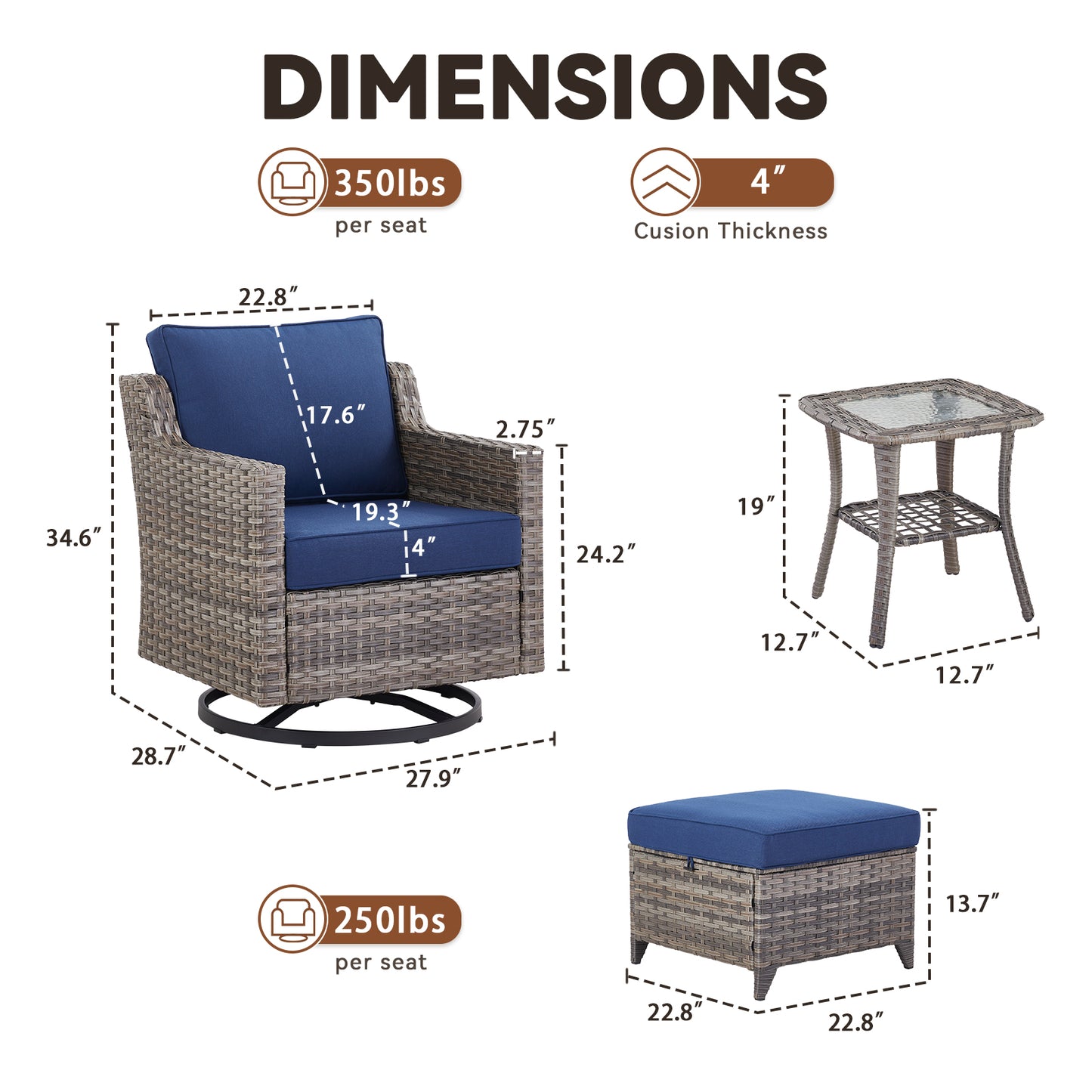 Outdoor Swivel Chair Set (5 Pcs): 2 Glider Chairs, Ottoman Pair & Glass Accent Table, FG Series