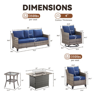 Belord 7-piece patio fire pit set with sofa, swivel chairs, and side table, featuring cozy outdoor seating and a central fire table.