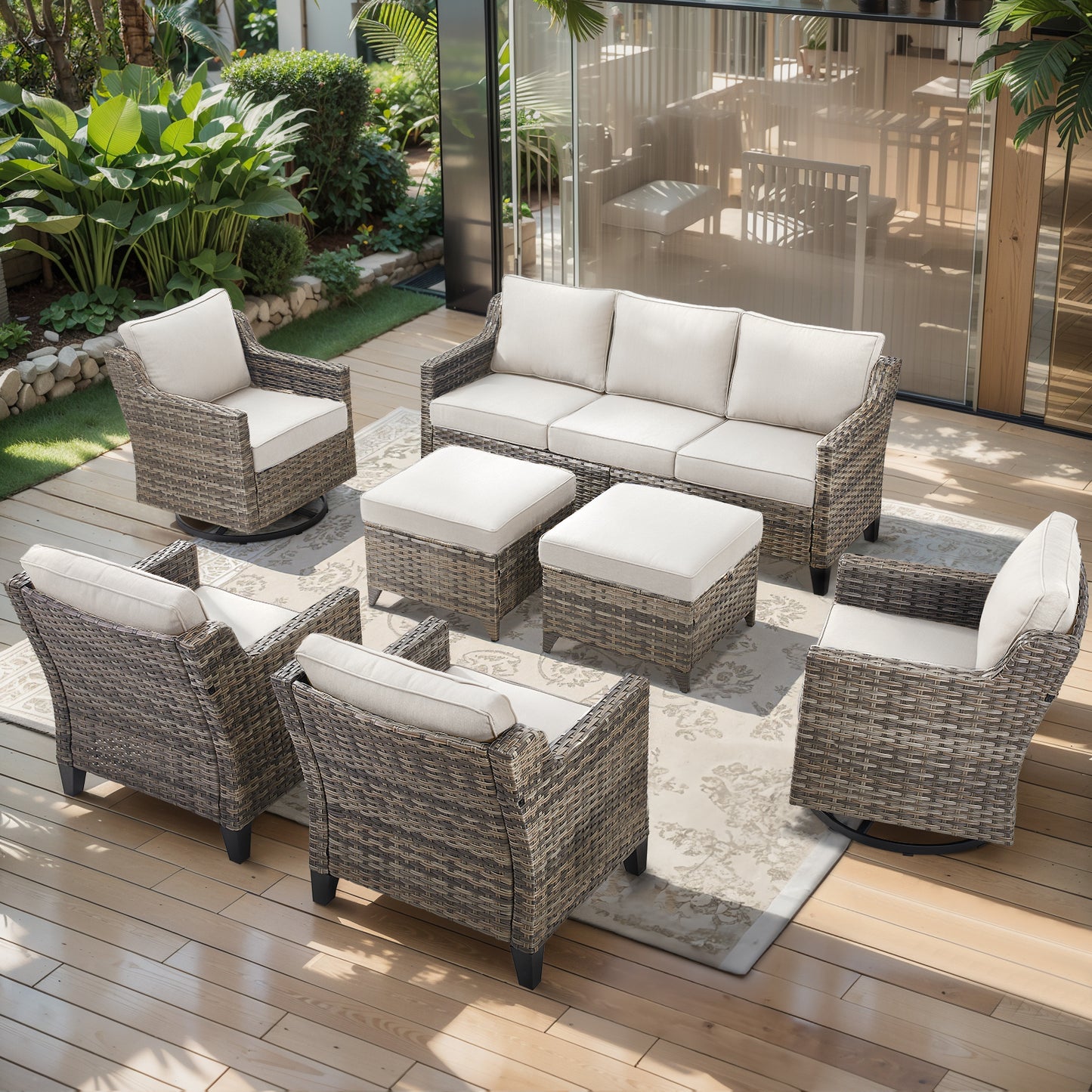 All-Weather 7-Piece Conversation Set — Integrated Sectional & Swivel Rocker Design, FG Series