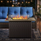 Belord 41-inch rectangular propane fire pit table with wicker and steel design, glass cover, and hidden fuel tank, 50,000 BTU.