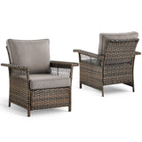 Pair of Belord outdoor wicker patio chairs with 5-inch wide armrests, SS Series, featuring woven rattan design and sturdy metal frames.
