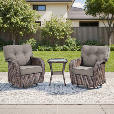 Belord 3-piece outdoor swivel patio T-back chairs with side table from the T Series, ideal for outdoor conversation and relaxation.