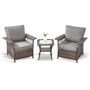 Belord outdoor wicker patio chair set of 3 with side table, featuring woven rattan design and sturdy metal frames for outdoor use.