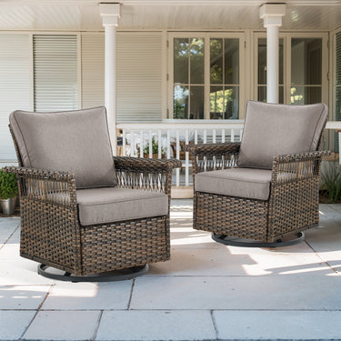 Belord outdoor wicker swivel glider patio chair with 4-inch wide armrests, part of the SS Series, shown in a natural outdoor setting