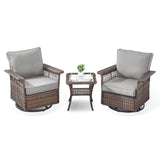 Set of three Belord wicker patio swivel glider chairs with side table, SS Series, showing comfortable woven rattan and metal frames.