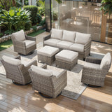 Belord 7-piece patio conversation set with sofa, four swivel chairs, and two ottomans in PE wicker for outdoor lounging.
