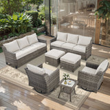 Belord 7-piece patio conversation set featuring sofas, 2 swivel chairs, 2 ottomans, and side table for outdoor lounging.