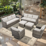 Belord 6-piece outdoor patio conversation set with high-back sectional, wicker swivel rockers, and matching chairs for outdoor relaxation.