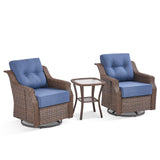 Belord 3-piece outdoor wicker patio conversation set with swivel glider chairs and side table in a cozy outdoor setting.