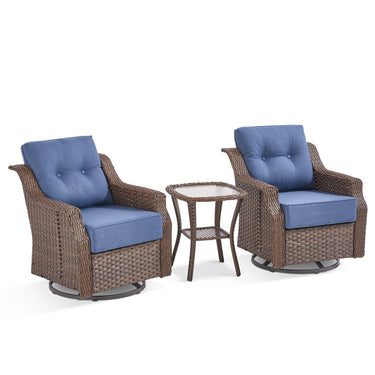 Belord 3-piece outdoor wicker patio conversation set with swivel glider chairs and side table in a cozy outdoor setting.