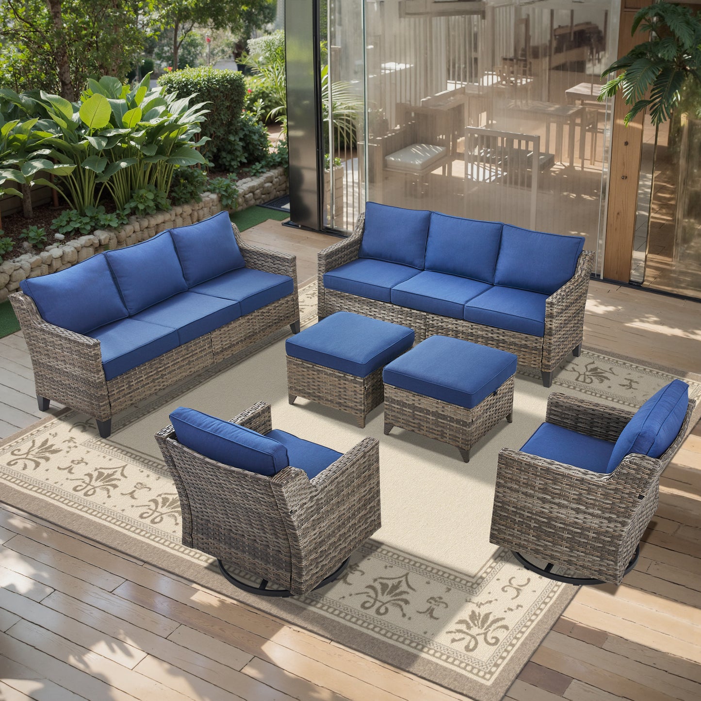 6-Piece Outdoor Sofa & Chair Combination (6-Piece) — High-Back Sectional with Wicker Swivel Rockers, FG Series