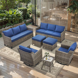 Belord 7-piece patio conversation set with sofas, two swivel chairs, ottomans, and side table for outdoor relaxation.