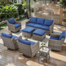 Belord 8-piece patio conversation set with sofa, four swivel chairs, two ottomans, and side tables for outdoor lounging.