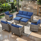 Belord 7-piece patio conversation set with wicker sofa, swivel chairs, and ottomans, shown in an outdoor garden setting.