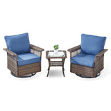 Set of three Belord wicker patio swivel glider chairs with side table, SS series, suitable for outdoor relaxation and seating.