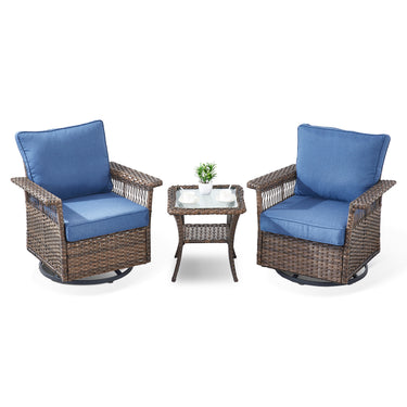 Set of three Belord wicker patio swivel glider chairs with side table, SS series, suitable for outdoor relaxation and seating.