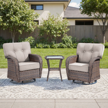 Set of four Belord T Series outdoor patio swivel chairs with T-back design and a side table, ideal for comfortable outdoor conversation.