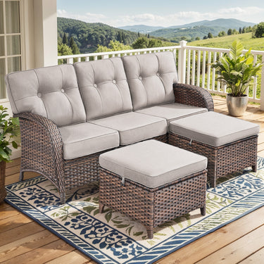 Belord 3-seater T-back patio sofa set with 5-inch thick cushions and two ottomans, part of the T Series.