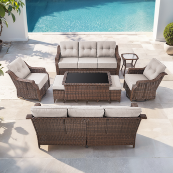 Belord 8-piece wicker swivel glider patio set with dual sofa, featuring comfortable cushions and modern design for outdoor seating.