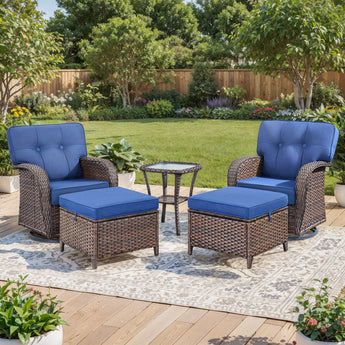 Belord 5-piece outdoor swivel patio T-back chairs set with table and ottoman, perfect for outdoor conversation and relaxation.