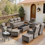 Belord 10-piece patio wicker sofa set with swivel chairs, featuring cushioned seats and a modern outdoor furniture design.