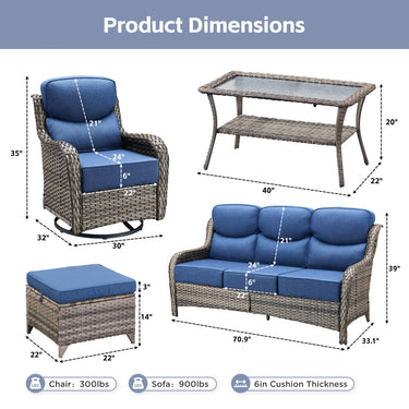 Belord 8-piece patio sofa set with four swivel chairs, coffee table, and ottomans for outdoor conversation and relaxation.