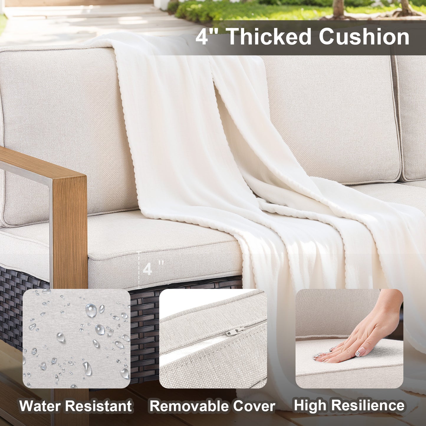 Belord Deep-Seat Wicker Sofa: A Spacious 3-Person Couch with Wood Grain Frame, HOP Series