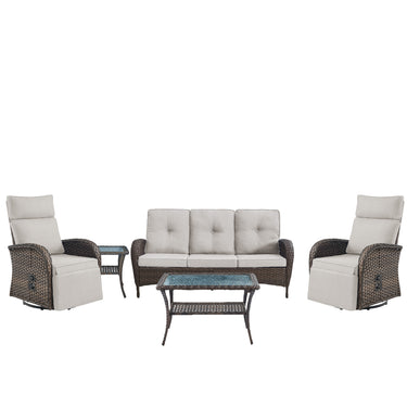 5-Piece Premium Patio Set: PE Wicker Swivel Recliner + Removable Sofa & Chaise Lounge - Adjustable Backrest/Footrest with Coffee Table, NDS Series - Belord