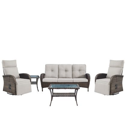 5-Piece Premium Patio Set: PE Wicker Swivel Recliner + Removable Sofa & Chaise Lounge - Adjustable Backrest/Footrest with Coffee Table, NDS Series