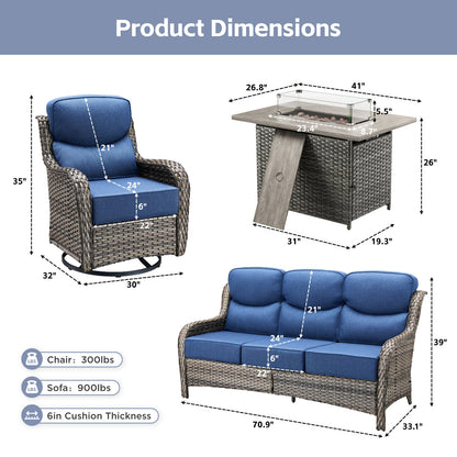4PCS Outdoor Patio Fire Pit Set for Garden Parties, Rattan Sofa & Swivel Chairs with Rectangular Fire Table and Wind Glass, NT Series