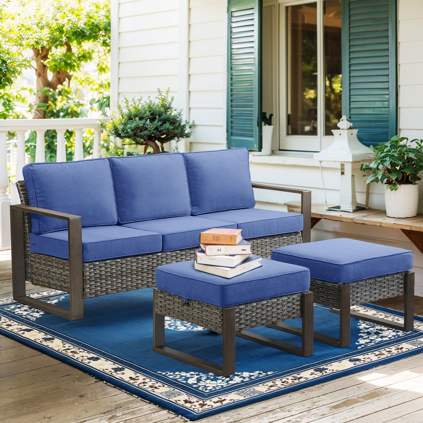 Belord Deep-Seat Wicker Sofa: A Spacious 3-Person Couch with Wood Grain Frame, HOP Series