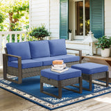 Belord deep-seat wicker patio sofa with wood grain frame, spacious 3-person outdoor conversation set from HOP Series.