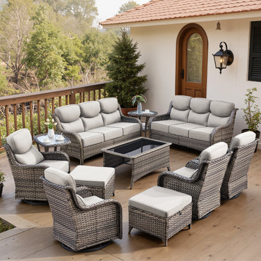 Belord 11-piece patio wicker sofa set with swivel chairs, featuring cushioned seating and a stylish outdoor conversation arrangement.