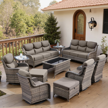 Belord 11-piece patio wicker sofa set with swivel chairs, perfect for outdoor conversation and relaxation.