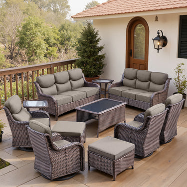 Belord 11-piece patio wicker sofa set with swivel chairs, featuring cushioned seating and a central glass-top table for outdoor relaxation.