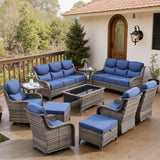 Belord 11-piece patio wicker sofa set with swivel chairs, featuring cushioned seating and a modern outdoor conversation arrangement.