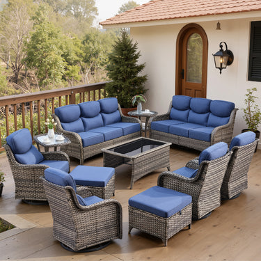 Belord 11-piece patio wicker sofa set with swivel chairs, featuring cushioned seating and a modern outdoor conversation arrangement.