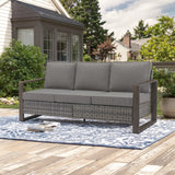 Belord deep-seat wicker patio sofa with a wood grain frame, spacious 3-person outdoor conversation set from HOP Series.