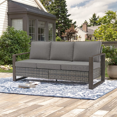 Belord deep-seat wicker patio sofa with a wood grain frame, spacious 3-person outdoor conversation set from HOP Series.