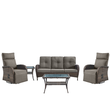 5-Piece Premium Patio Set: PE Wicker Swivel Recliner + Removable Sofa & Chaise Lounge - Adjustable Backrest/Footrest with Coffee Table, NDS Series - Belord