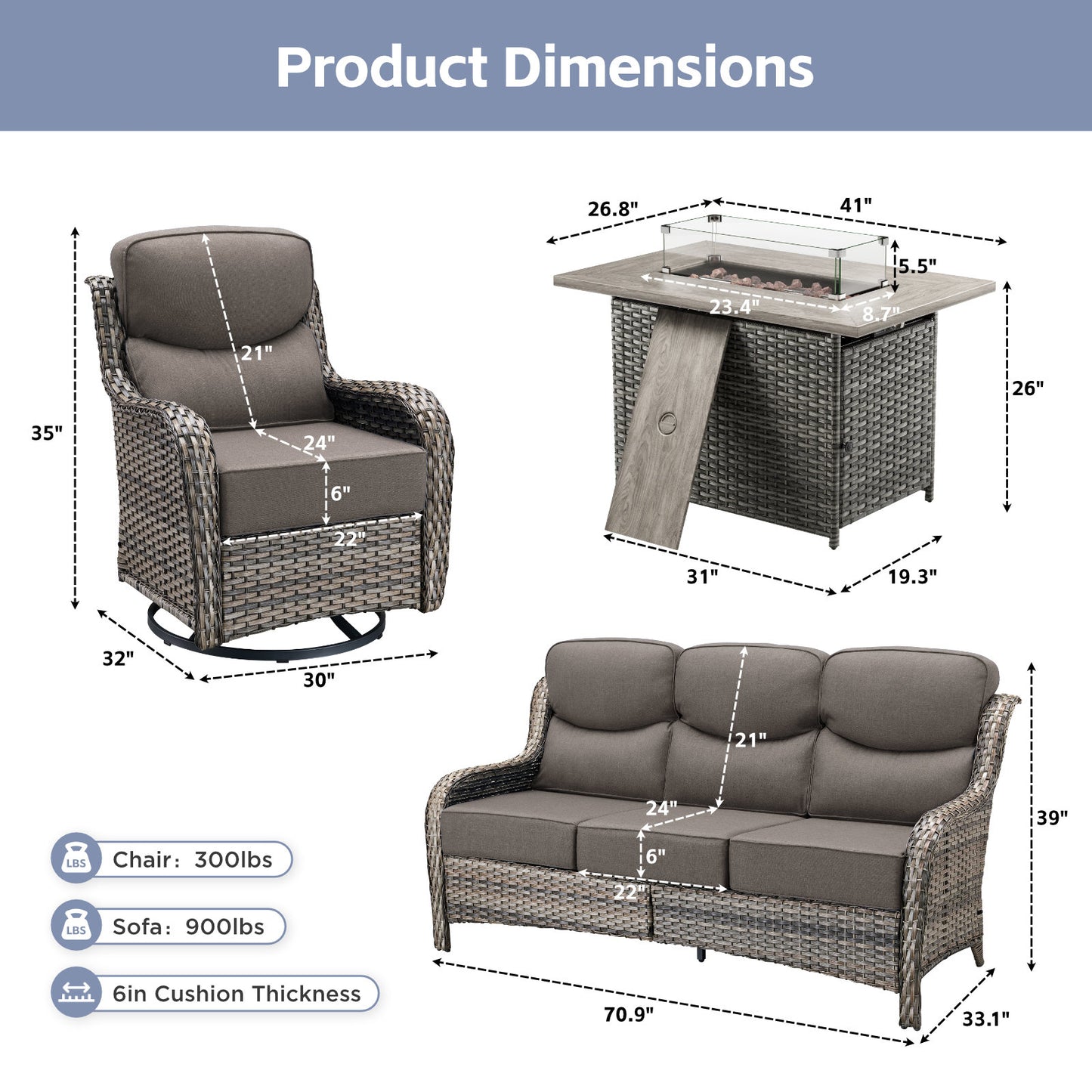 4PCS Outdoor Patio Fire Pit Set for Garden Parties, Rattan Sofa & Swivel Chairs with Rectangular Fire Table and Wind Glass, NT Series