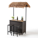 Belord 3-piece outdoor tiki bar set with canopy, wicker table, bar stools, wine rack, and storage for patio entertaining.