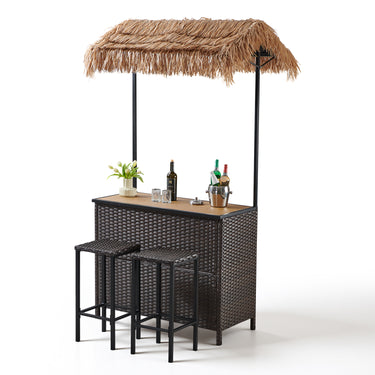 Belord 3-piece outdoor tiki bar set with canopy, wicker table, bar stools, wine rack, and storage for patio entertaining.