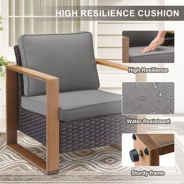 Belord ergonomic high-back wicker patio chair with 15° tilt, deep seat, and high back from the HOP series in outdoor conversation set.