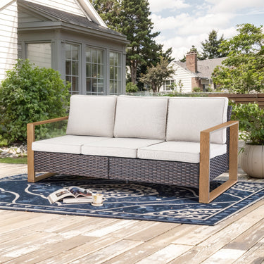 Belord deep-seat wicker sofa with wood grain frame, spacious 3-person patio conversation set from the HOP Series.