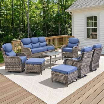 Belord 8-piece patio sofa set with four swivel chairs, coffee table, and ottomans for outdoor conversation area.
