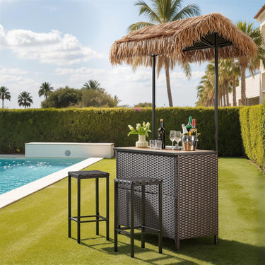 Belord 3-piece outdoor tiki bar set with canopy, wicker table and bar stools, wine rack, and storage for patio entertaining.