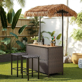 3-Piece Outdoor Tiki Bar Set – Canopy, Wicker, Wine Rack & Storage
